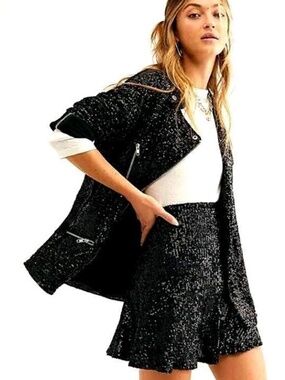 Free People Sequin Mini Skirt Black Party Club Stretch Flowy XS S